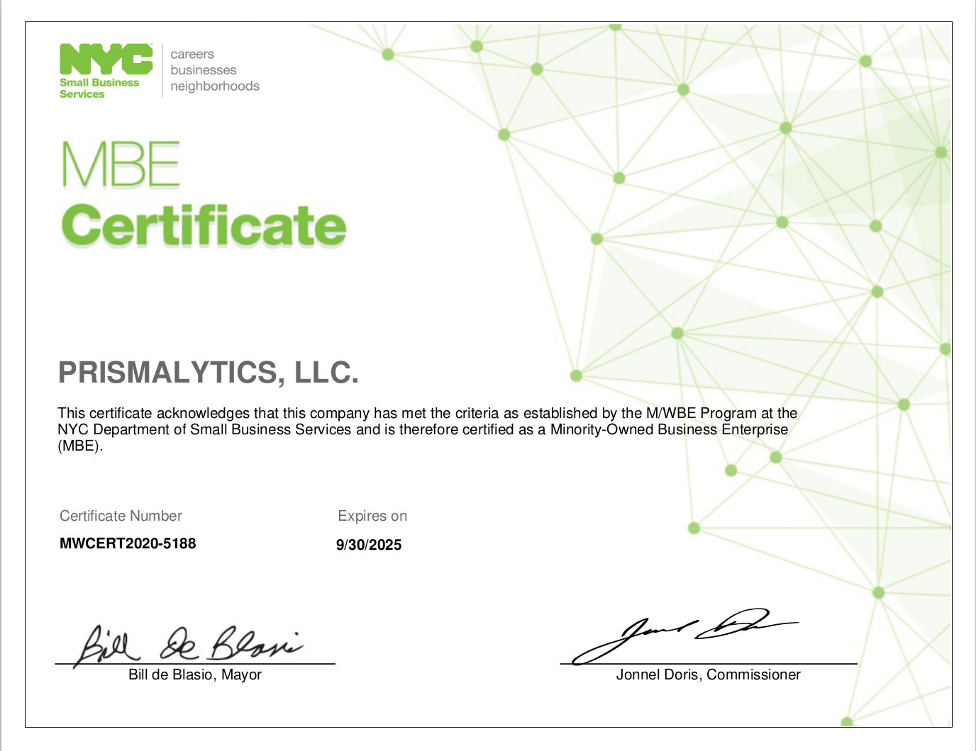 CITY of NEW YORK M/WBE CERTIFICATE for PRISMALYTICS, LLC.