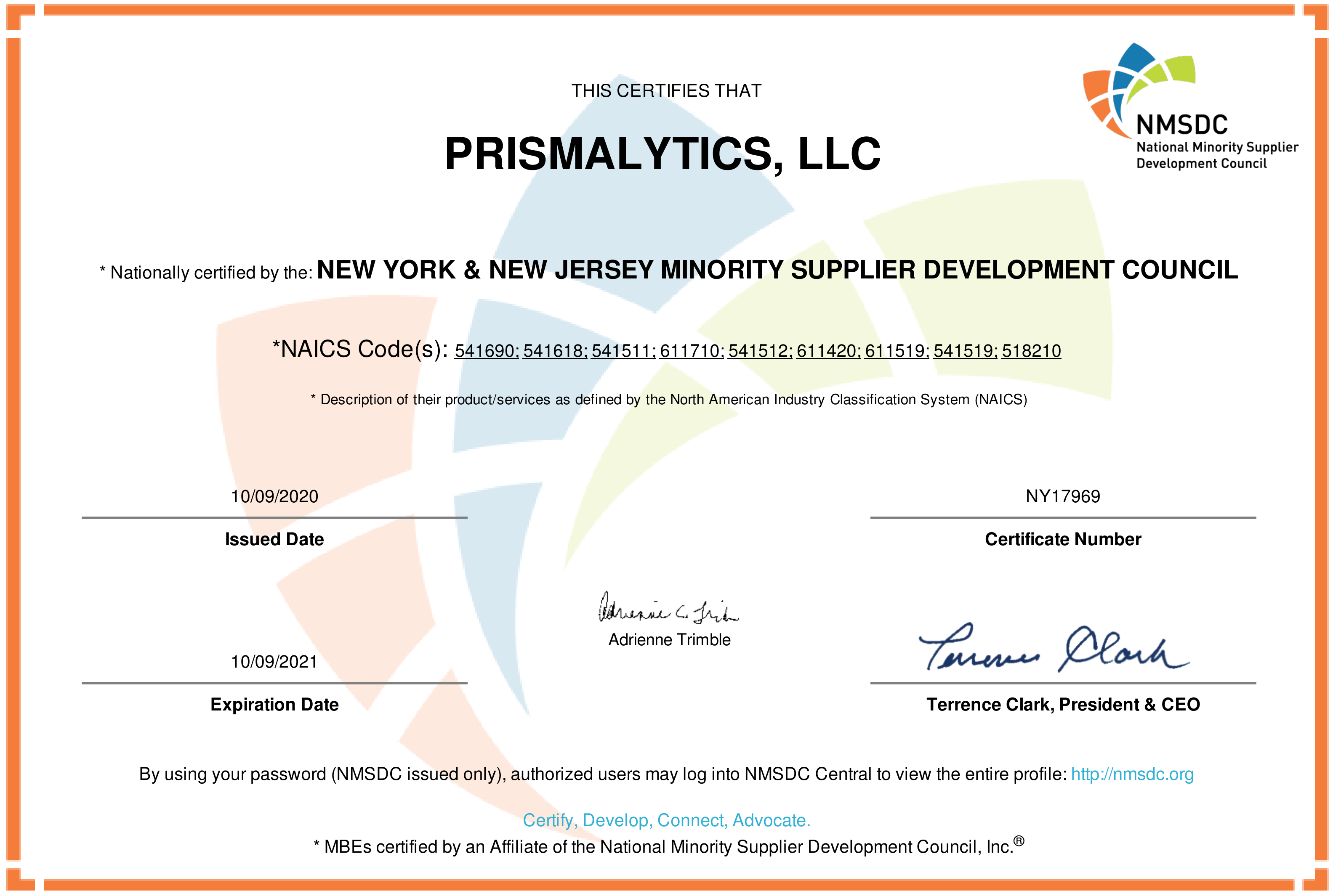 PRISMALYTICS NYNJ NMSDC CERTIFICATION