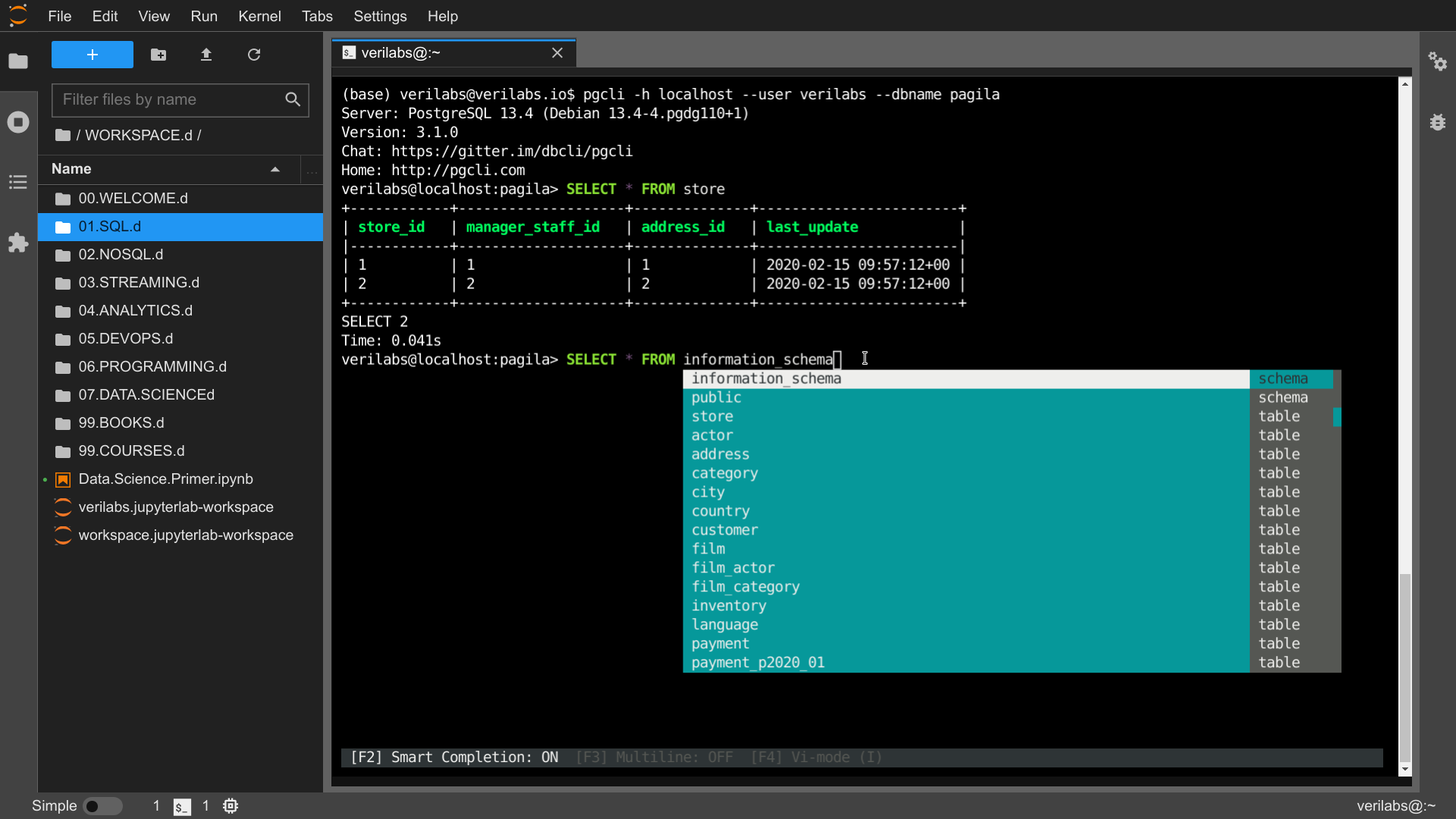 Postgres and pgcli(1) on Verilabs